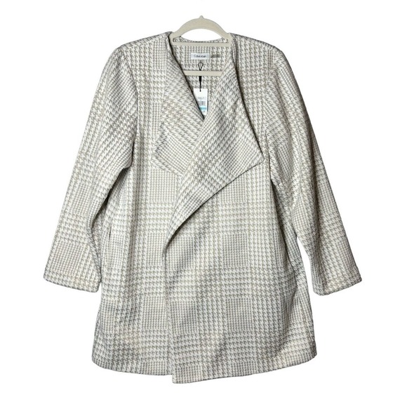Calvin‎ Klein Coat Womens 0X Beige White Shawl Collar Open Front Houndstooth NEW - Picture 1 of 11
